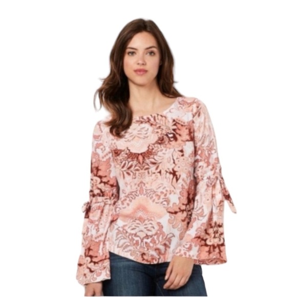 LC Lauren Conrad Womens Boho Floral Long Bell Sleeve Blouse Sz S New - Picture 1 of 8